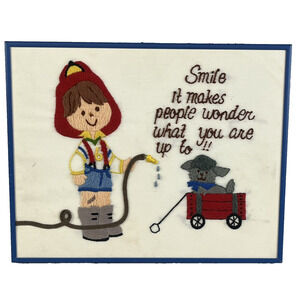 Vintage Framed Crewel Embroidery Picture Fireman Young Boy Wagon Dog "Smile"